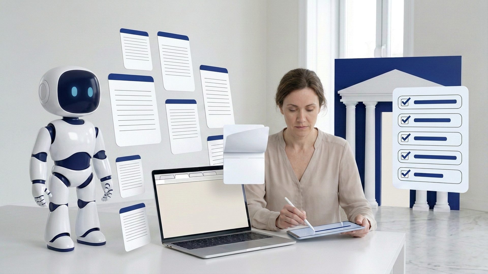 A woman at a desk beside the Dena mascot robot, a bank officer across the desk checking the prepared pack page by page