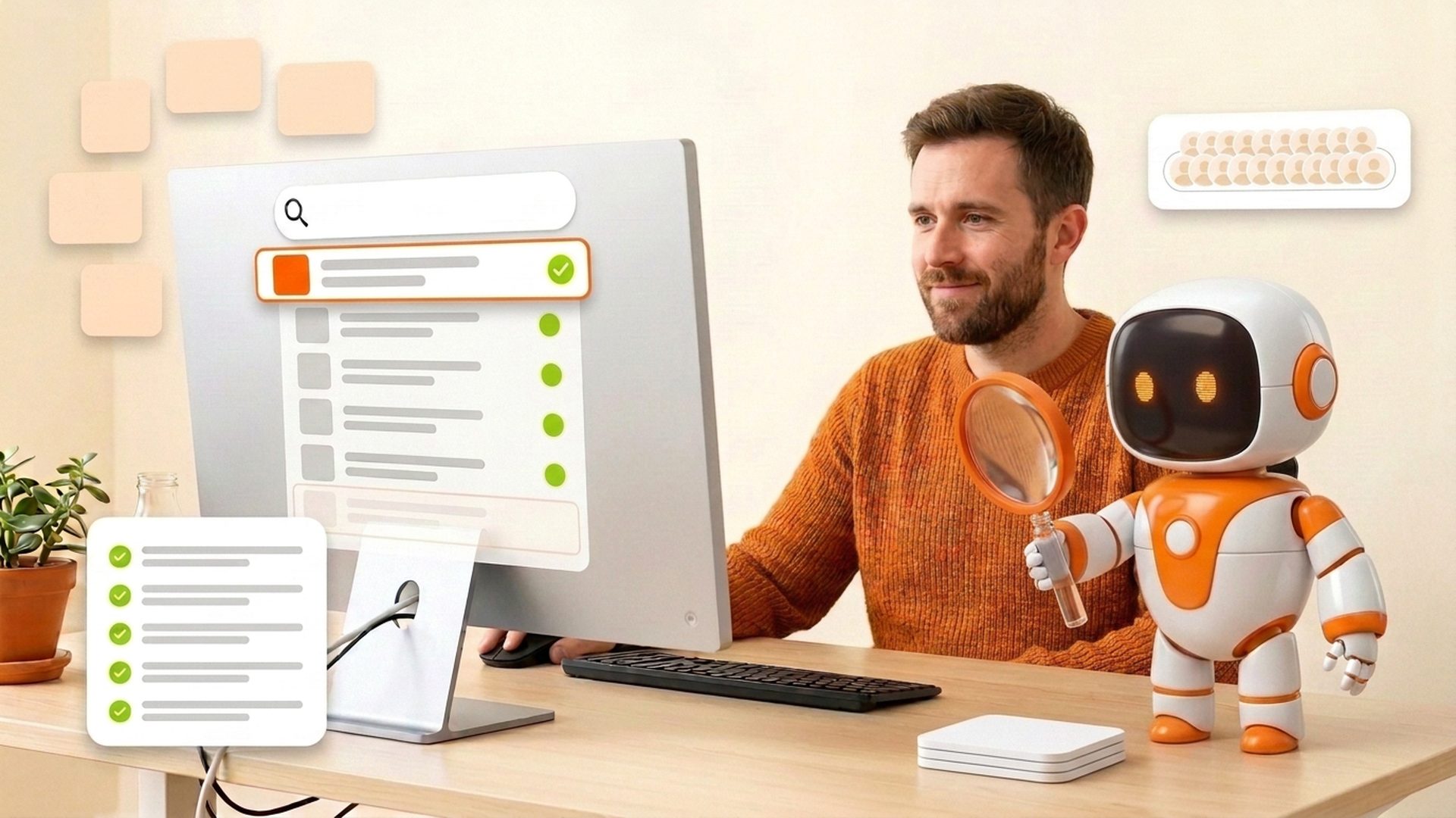 A relaxed business owner at a desk beside the Khoji mascot
   holding a magnifying glass, with a search-results list on the monitor and its own listing at
   the top