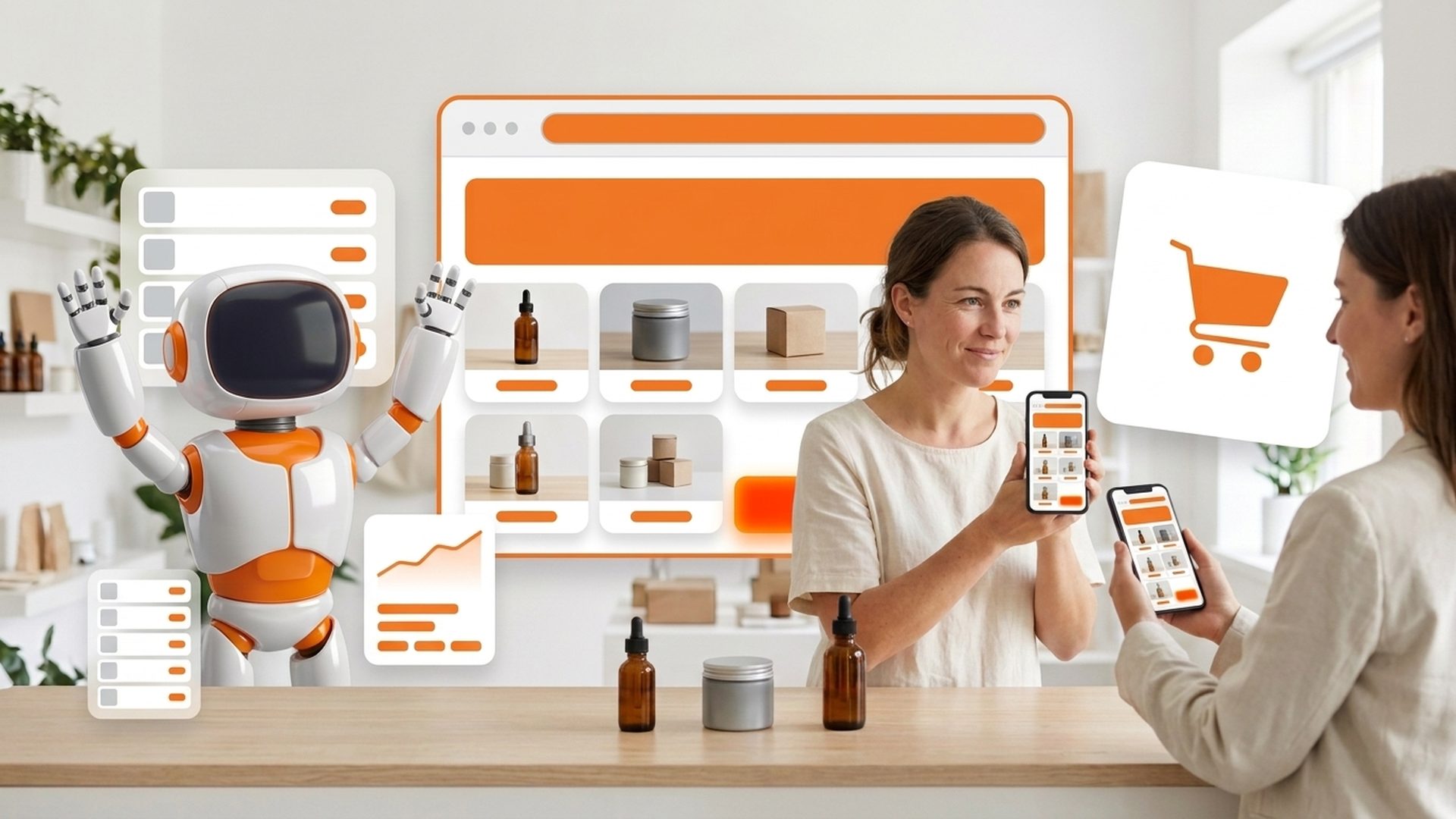 A shop owner showing the finished storefront on her phone
   while a customer browses the same shop on theirs, an order list filling beside them