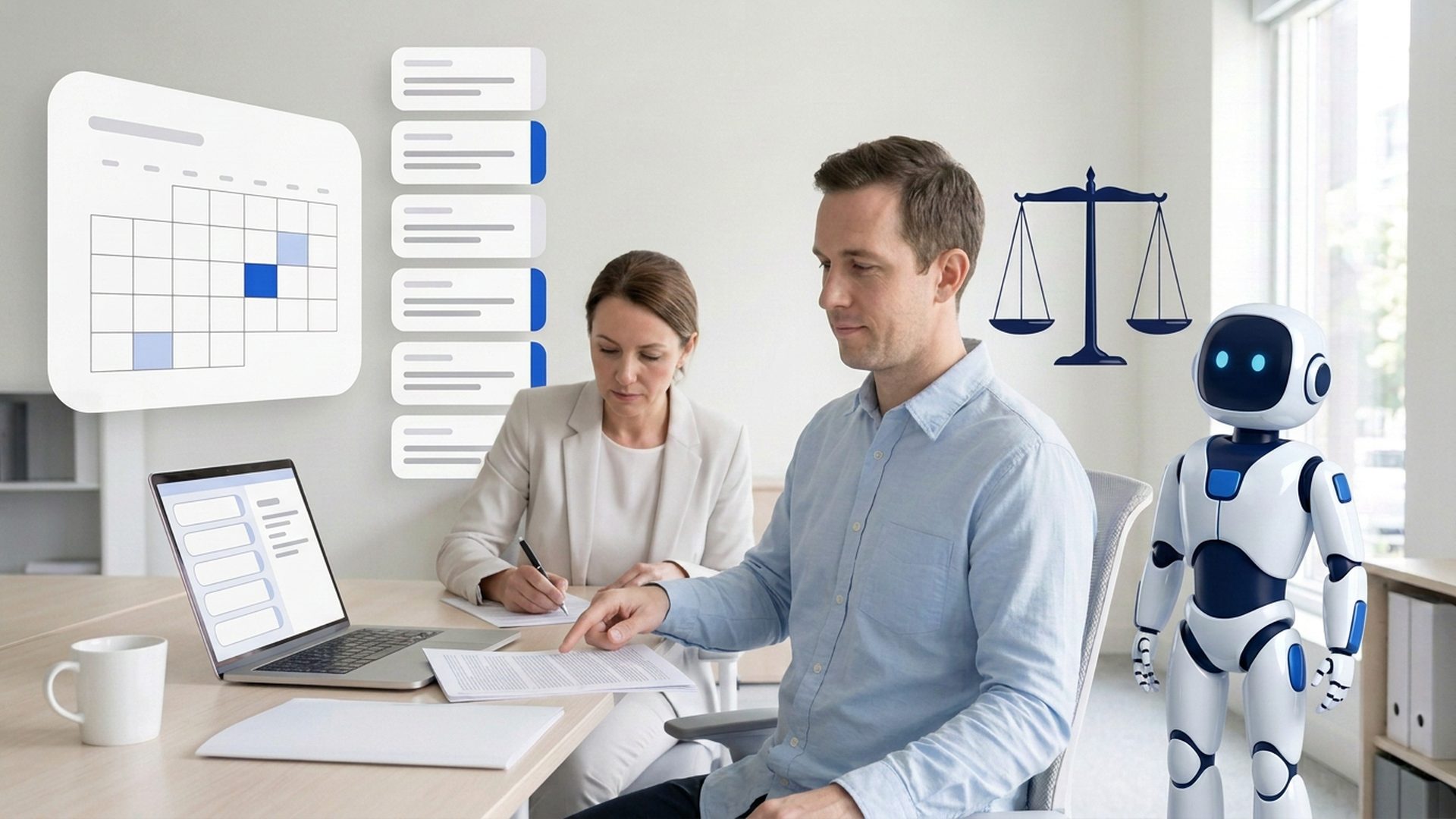 A calm office desk holding one folder and a single printed sheet, a document library on the laptop, and a qualified professional across the table marking that sheet while the Vakil mascot stands aside
